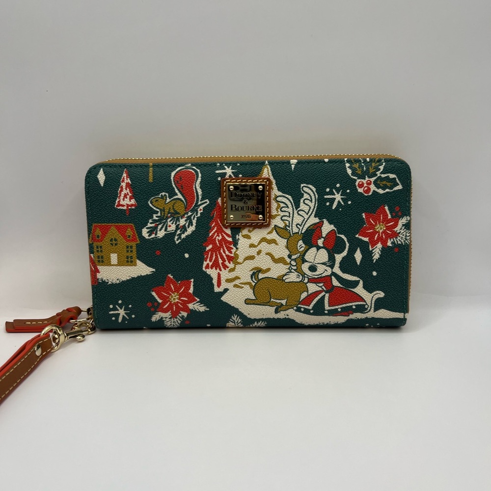 Dooney & Bourke Green Holiday Zip Wallet with Red & Cream Accents